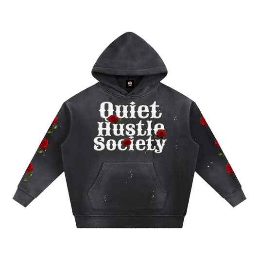 Vintage Washed Frayed Quiet Hustle Society Fleece Hoodie