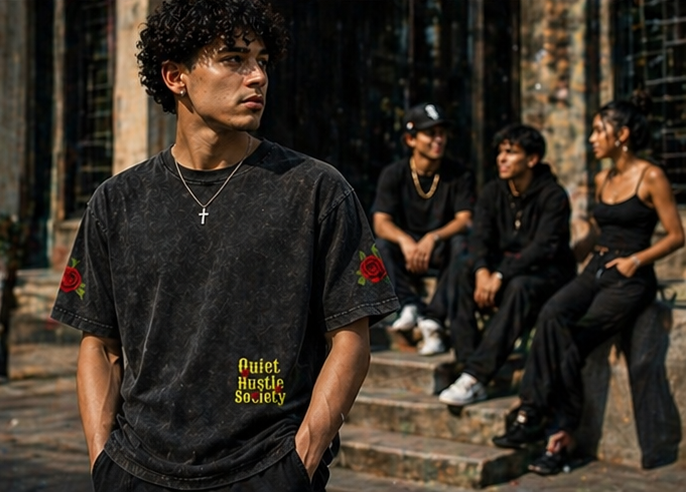 Snow Washed Oversized "Silent Bloom" Cotton T-Shirt