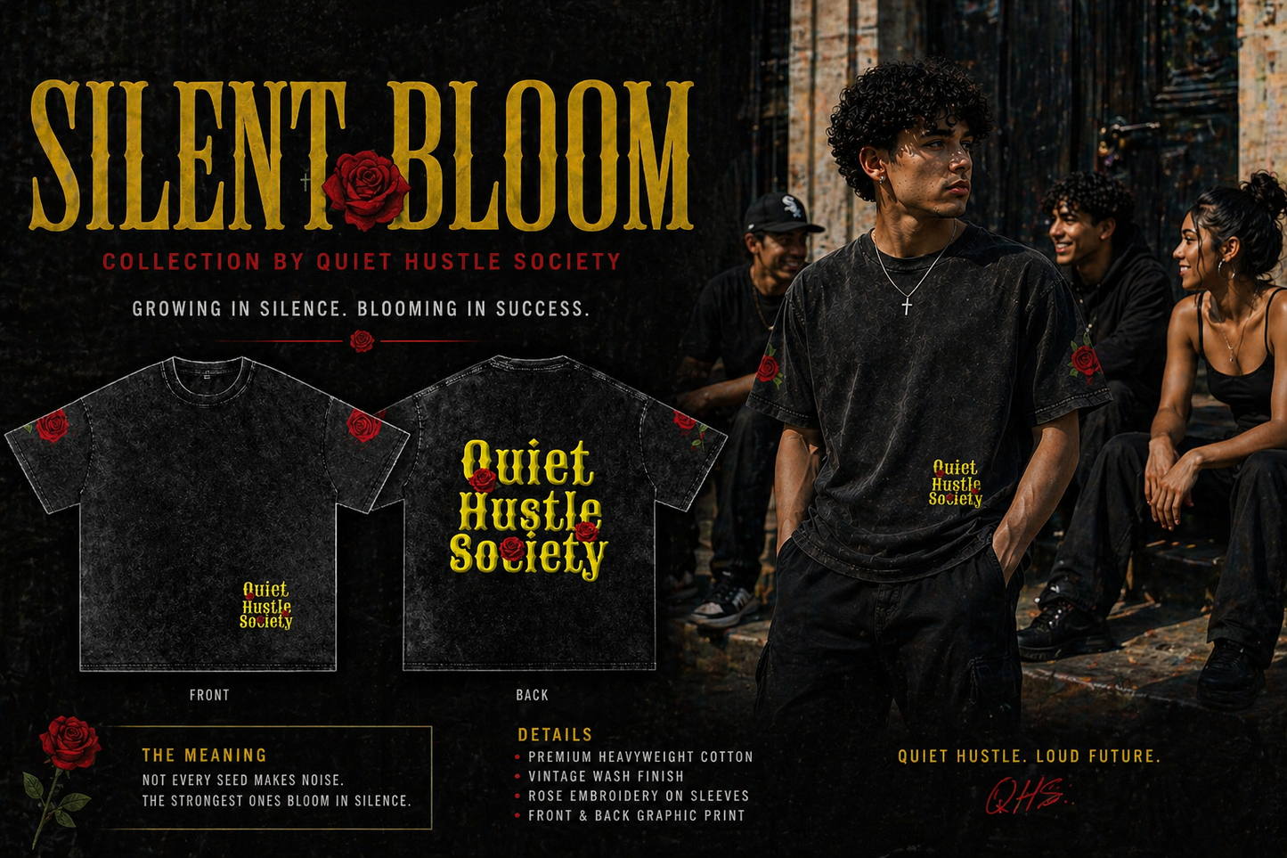 Snow Washed Oversized "Silent Bloom" Cotton T-Shirt