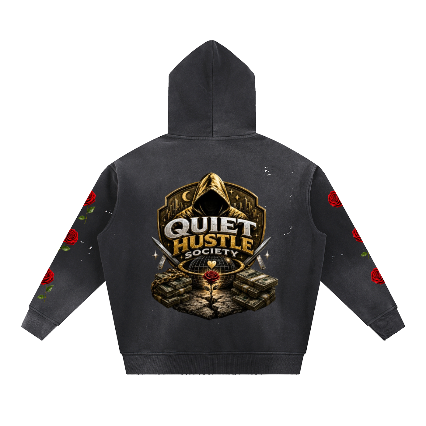 Vintage Washed Frayed Quiet Hustle Society Fleece Hoodie